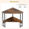 Triangle computer corner desk in rustic brown with charging station, ideal for small spaces and versatile use.