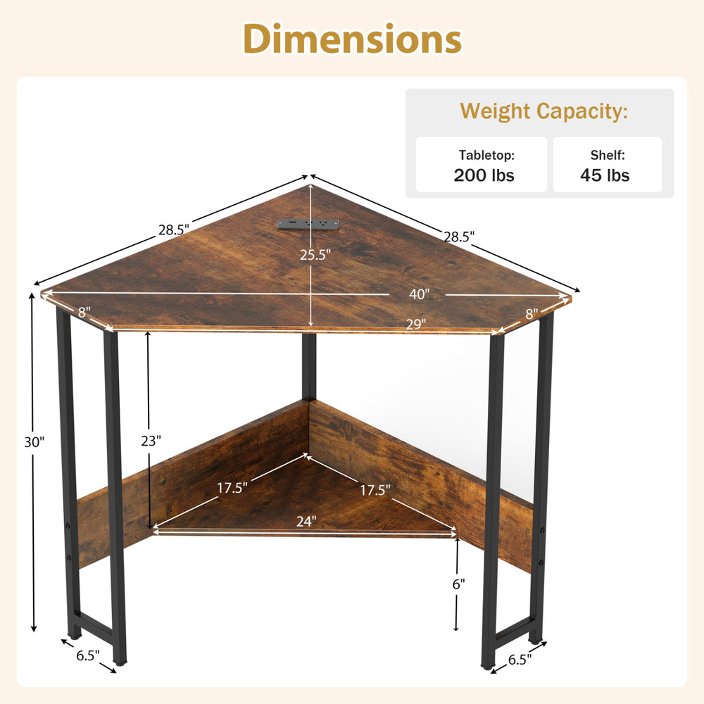 Triangle computer corner desk in rustic brown with charging station, ideal for small spaces and versatile use.