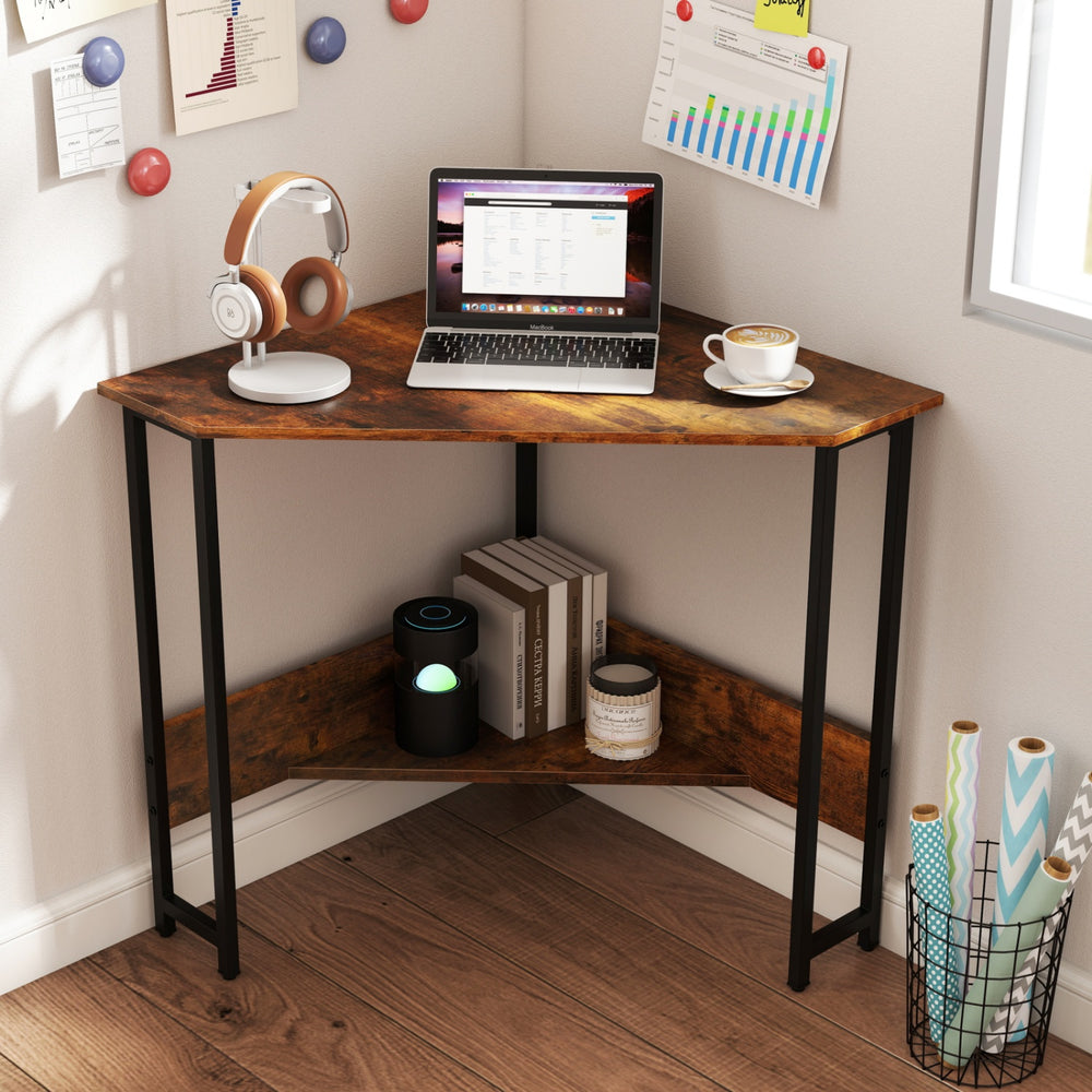 Triangle computer corner desk in rustic brown with charging station, ideal for small spaces and modern decor.