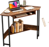 Triangle corner desk in rustic brown featuring a triangular design and flexible left or right placement for optimal.
