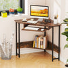 Triangle corner desk in rustic brown showcasing a bottom storage shelf and keyboard tray, ideal for maximizing corner.