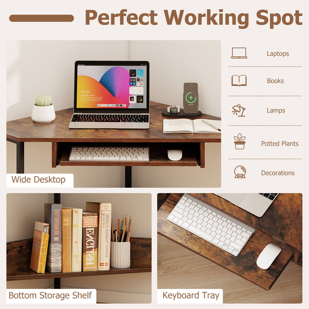 Triangle corner desk in rustic brown with keyboard tray, charging station, and bottom storage shelf for versatile use.
