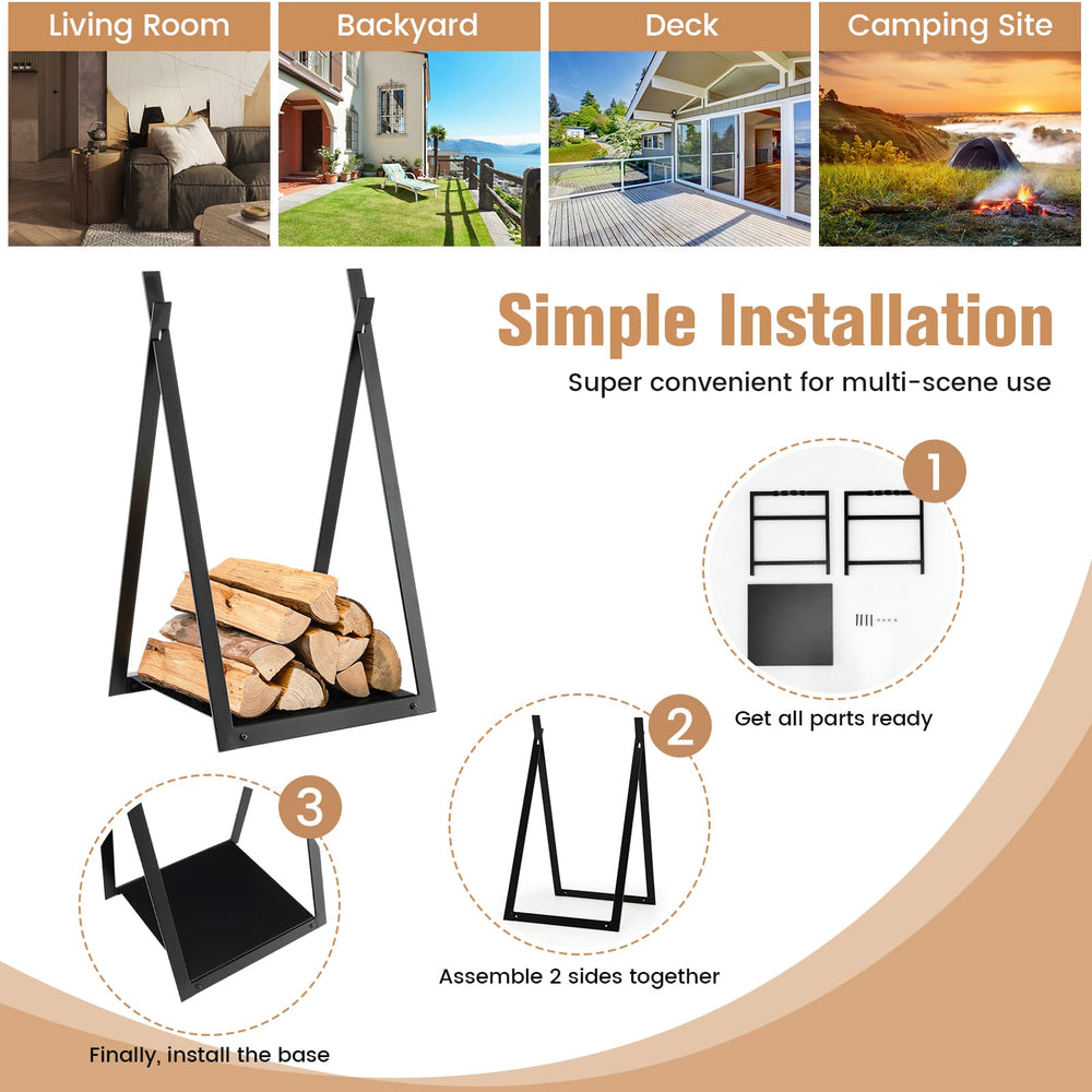 Triangle firewood rack in black with raised base, sturdy steel frame for indoor and outdoor use, easy assembly.