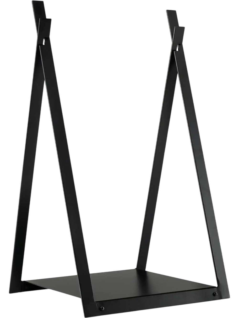 Triangle firewood rack in black with sturdy steel frame and raised base for indoor or outdoor fireplace use.