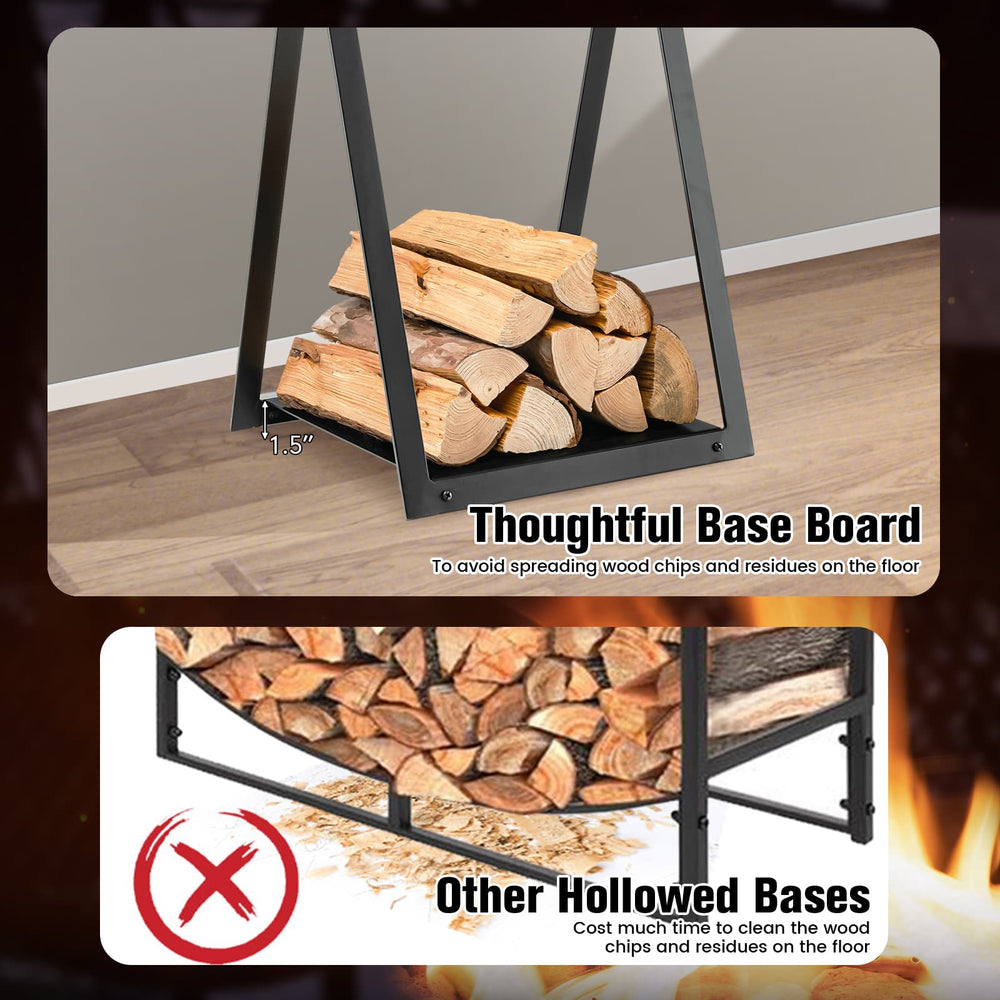 Triangle firewood rack with raised base, sturdy steel frame, non-hollow design to prevent wood chip scattering.