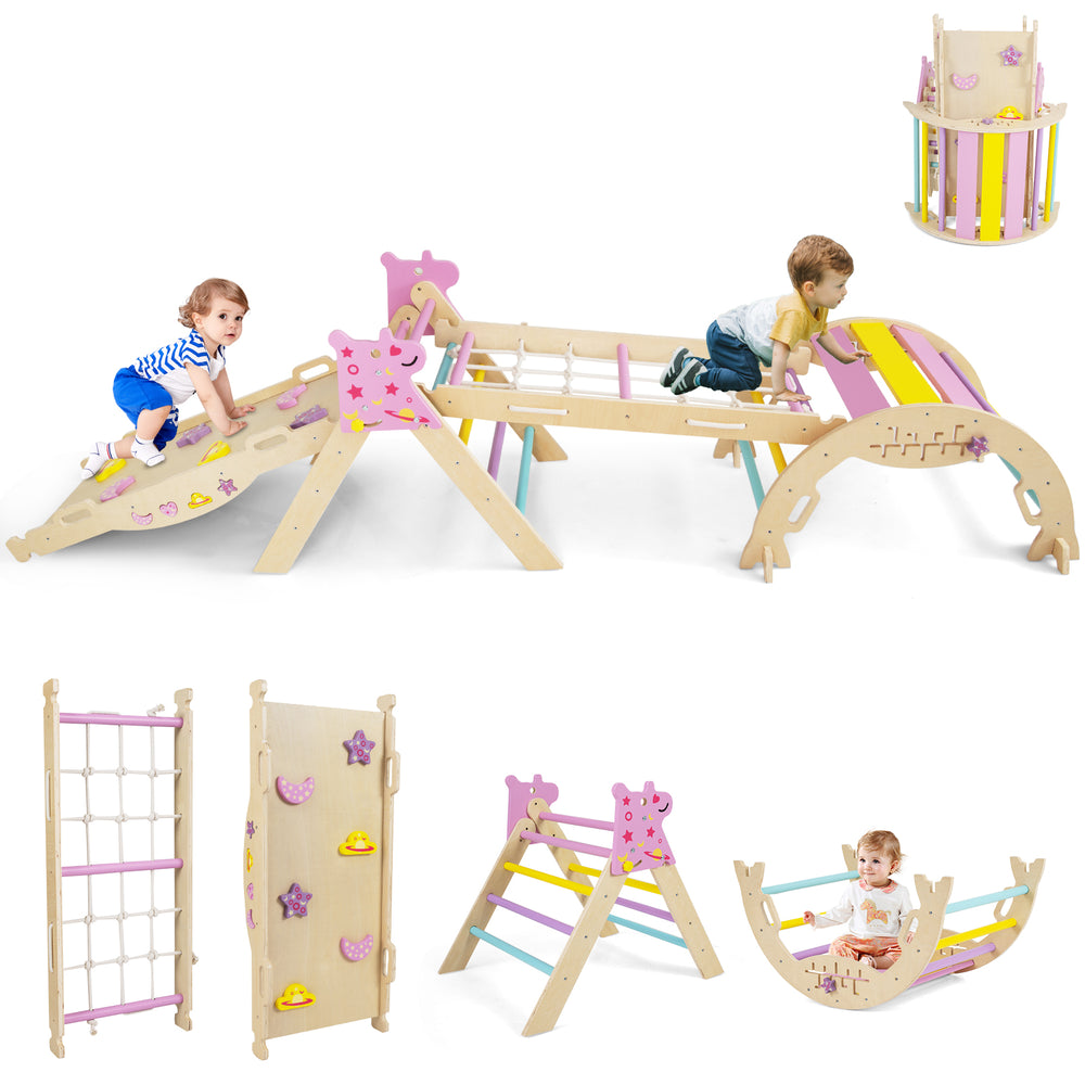 Triangle Set 8-in-1 foldable baby climbing toys in unicorn theme, featuring beech wood and a Montessori maze for safe.
