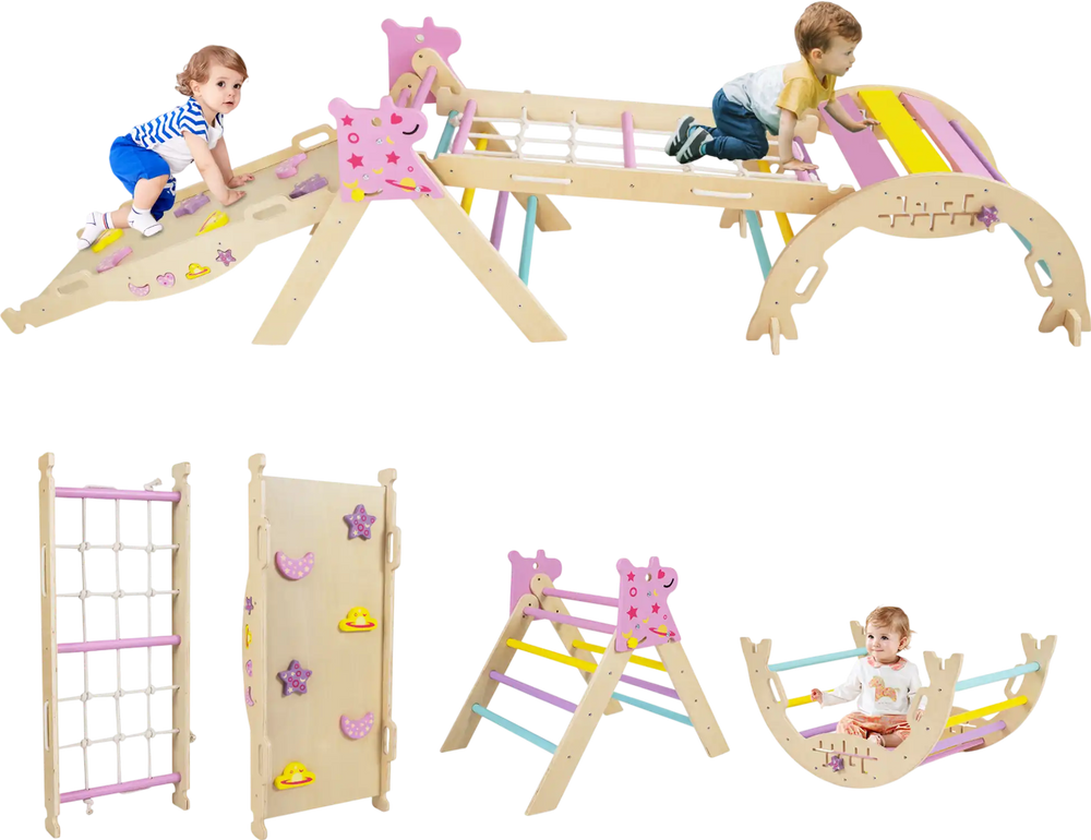 Triangle Set 8-in-1 foldable baby climbing toys in unicorn theme, featuring beech wood and a Montessori maze for fun.
