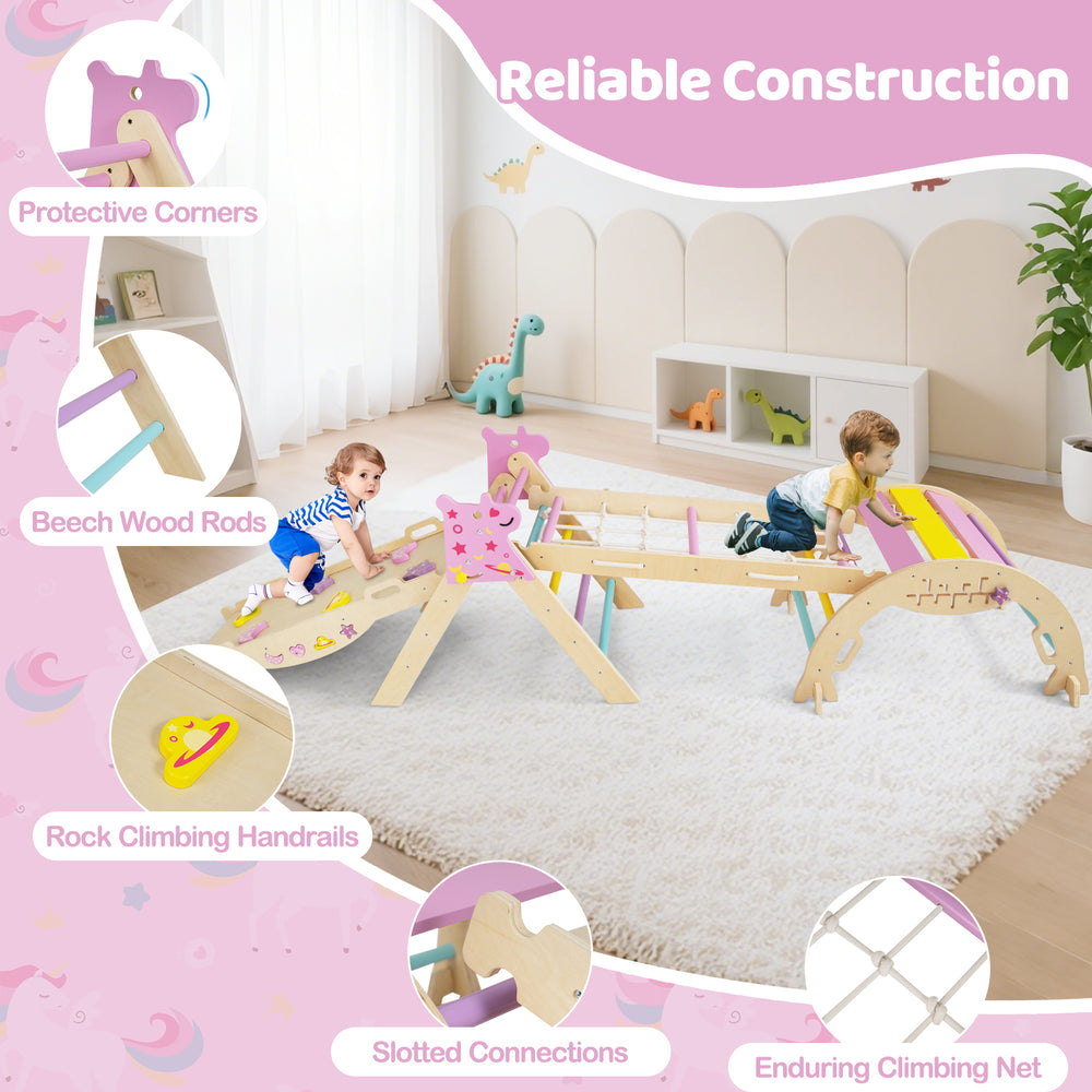 Triangle set 8-in-1 foldable baby climbing toys with beech wood rods and protective corners for safe play and balance.