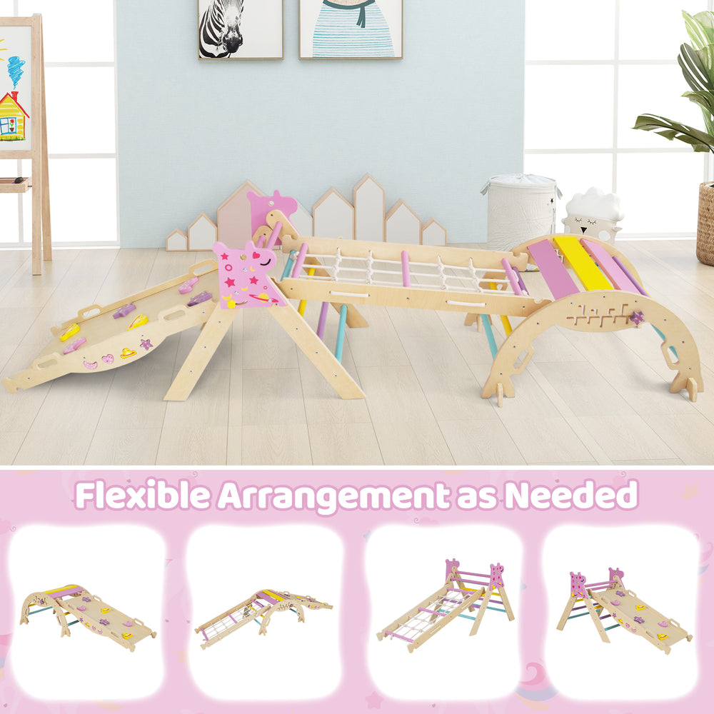 Triangle Set 8-in-1 foldable baby climbing toy in unicorn theme with beech wood and climbing net for safe play.