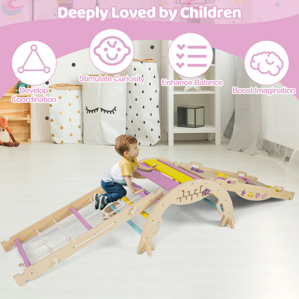 Triangle set 8-in-1 foldable baby climbing toy in unicorn theme, featuring beech wood and a Montessori maze for safe.