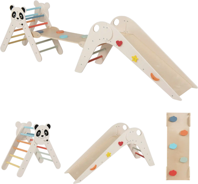 Costway Panda-Themed Foldable Montessori Kids Climbing Triangle Slide Set 57183710 New