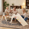 Wood Montessori climbing set featuring a panda-themed triangle, slide, and balance bridge for kids' play and.
