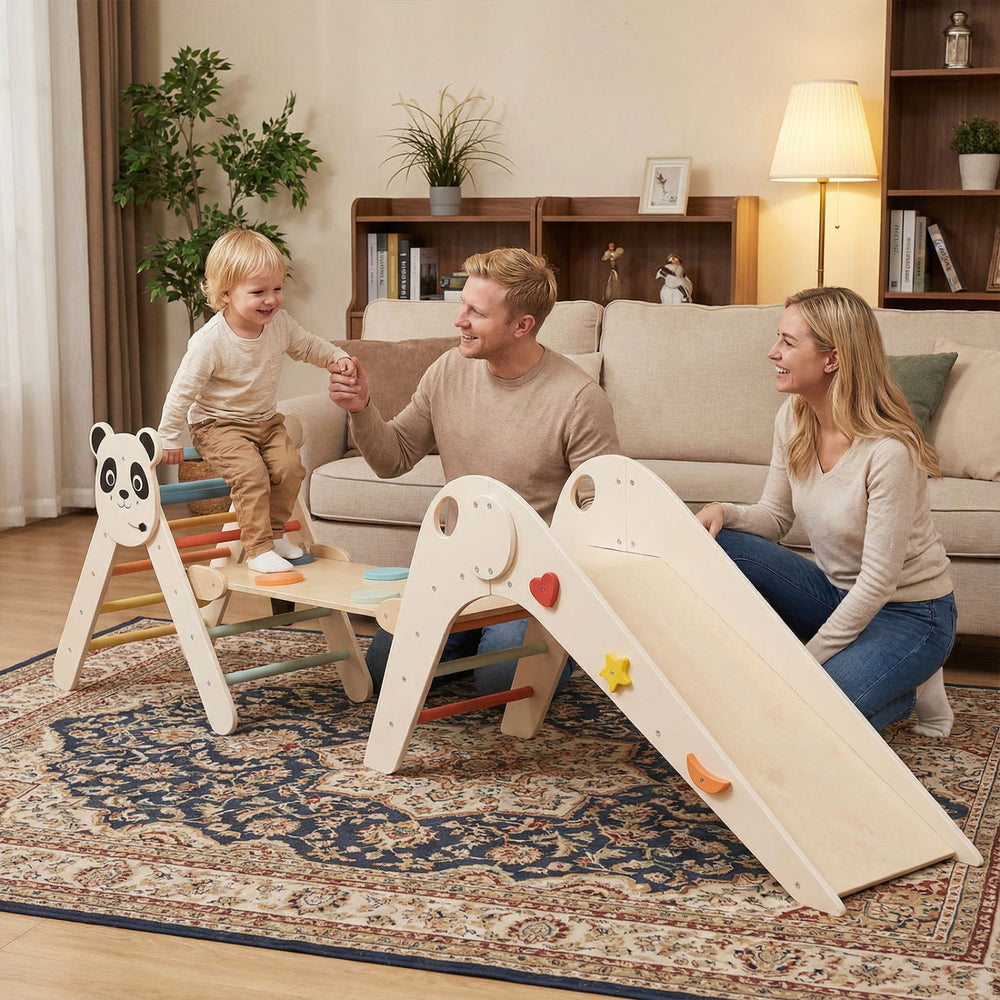 Wood Montessori climbing set featuring a panda-themed triangle, slide, and balance bridge for kids' play and.