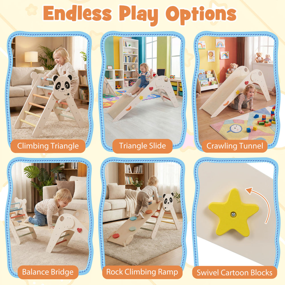 Triangle set features a climbing triangle, slide, and balance bridge for kids' play and development in a panda theme.
