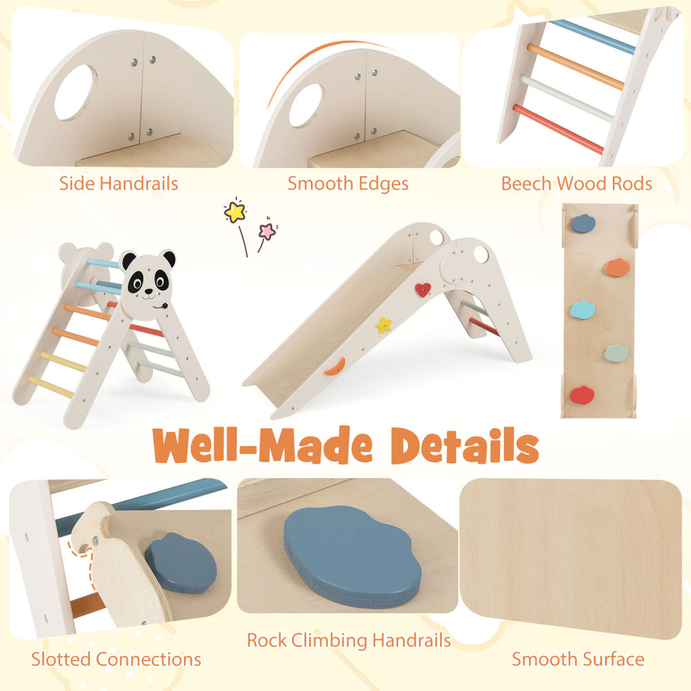 Panda-themed kids climbing set featuring smooth edges, beech wood rods, and colorful handrails for safe play and.