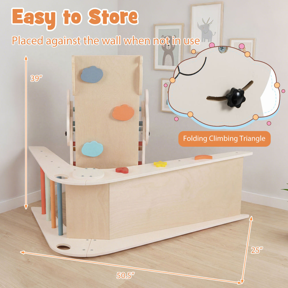 Foldable kids climbing triangle set with macaron colors, designed for safe play and easy storage against the wall.
