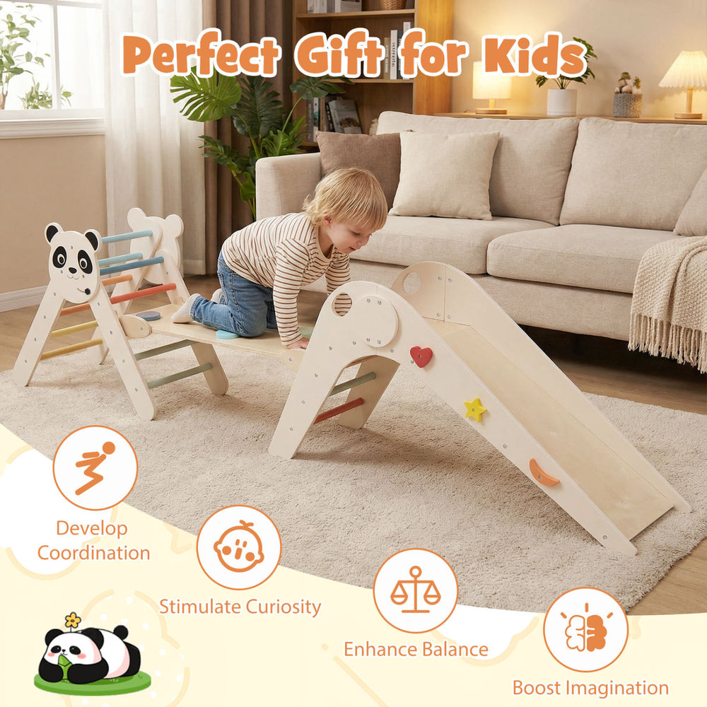Triangle climbing set with slide and balance bridge, made of beech wood, designed for kids' coordination and balance.
