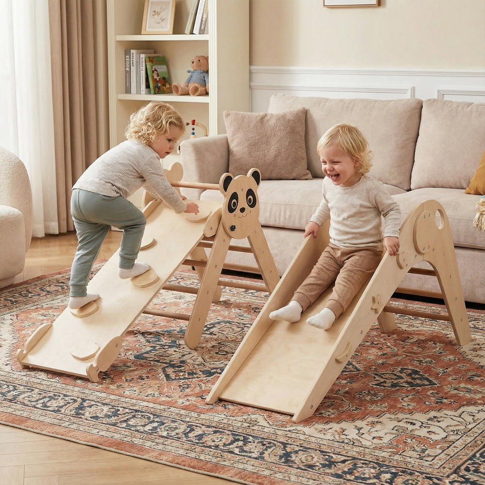 Triangle Set Foldable Kids Climbing Toys Panda-Themed Wood Montessori Climbing Set-Natural - Gallery View 1 of 10