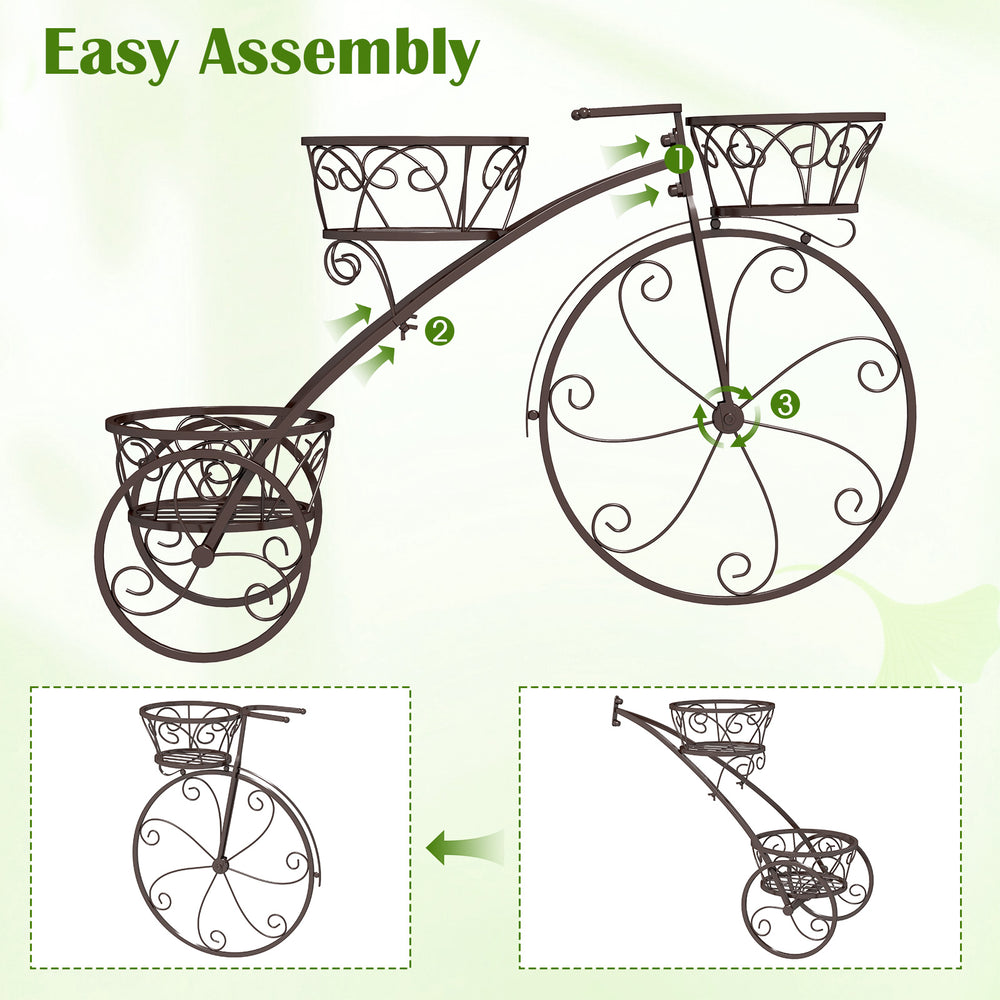Tricycle plant stand with three hollowed bronze baskets, showcasing easy assembly and stylish design for indoor or.