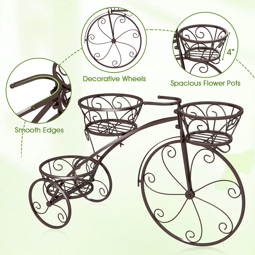 Tricycle plant stand with three hollowed bronze baskets, ideal for indoor or outdoor plant display and decoration.
