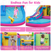 Inflatable bounce castle featuring a long water slide, splashing pool, and basketball hoop for kids' summer fun.