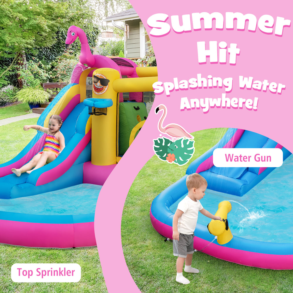 Inflatable bounce castle with long water slide, top sprinkler, and water gun for summer fun and active play.