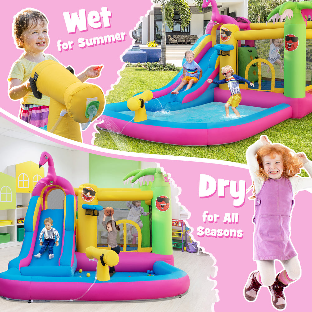Inflatable bounce castle with water slide, featuring vibrant colors, mesh netting, and included 735W blower for summer.