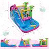 Inflatable bounce castle with long water slide, featuring vibrant colors, water gun, and 50 ocean balls for summer fun.