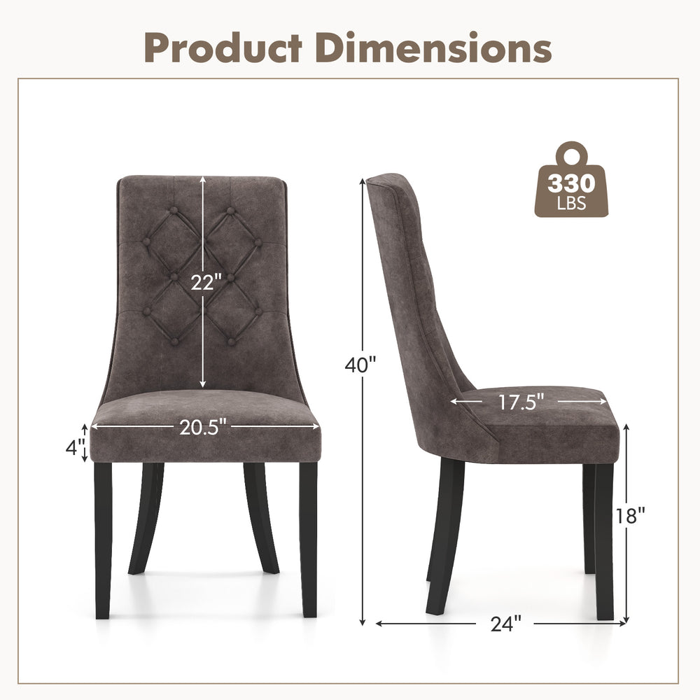 Tufted dining chair dimensions with gray velvet upholstery, high backrest, and rubber wood legs for elegant support.