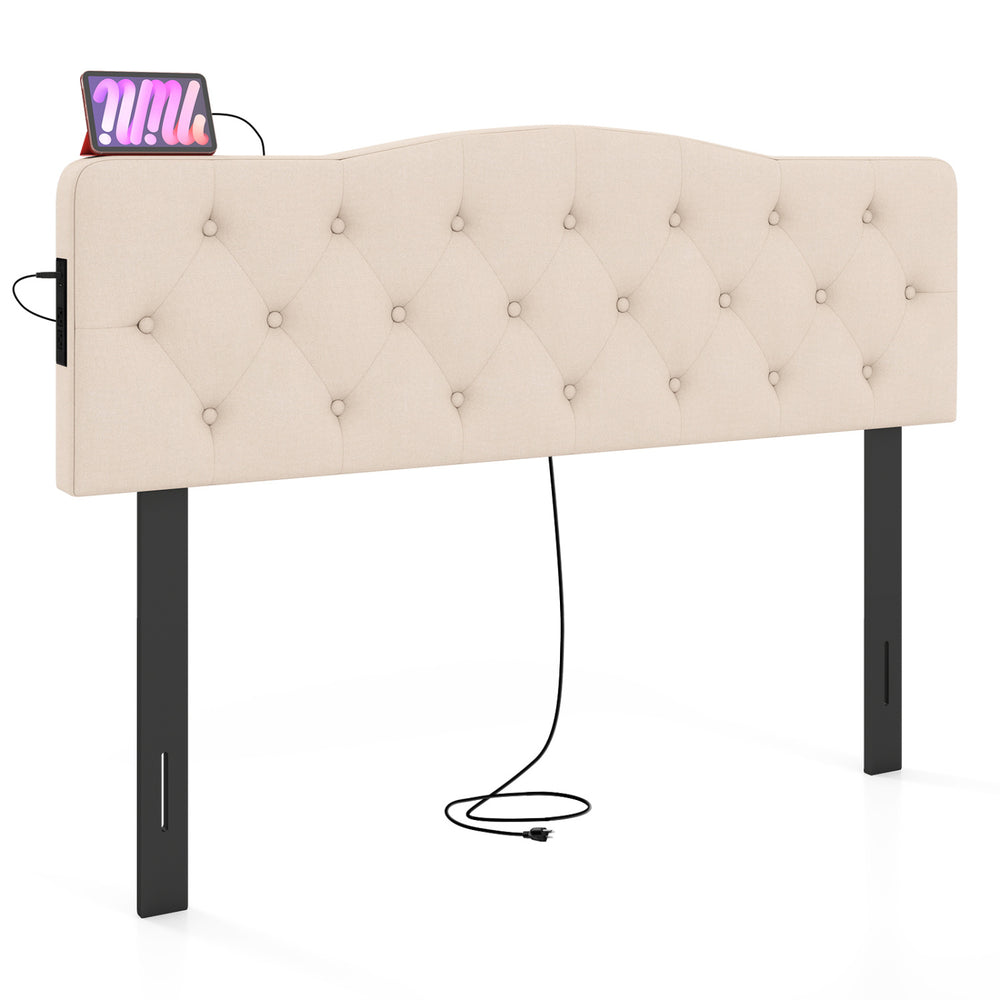 Tufted upholstered headboard in beige with rubber wood legs and 2 AC outlets, designed for queen and full size beds.