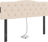 Tufted upholstered headboard in beige with rubber wood legs, featuring 2 AC outlets and USB ports for convenient.