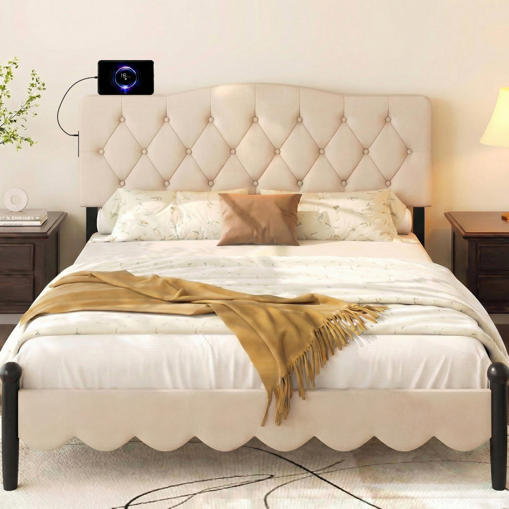 Tufted Upholstered Head Board for Queen and Full Size Bed with 2 AC Outlets-Beige - Gallery View 1 of 11