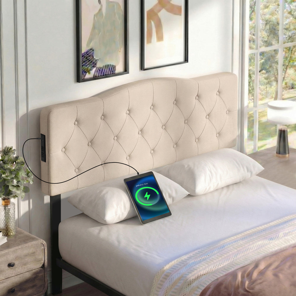 Tufted beige upholstered headboard with 2 AC outlets and USB ports, designed for queen and full size beds.