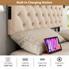 Tufted upholstered headboard in beige with built-in charging station, featuring 2 AC outlets and USB ports for.