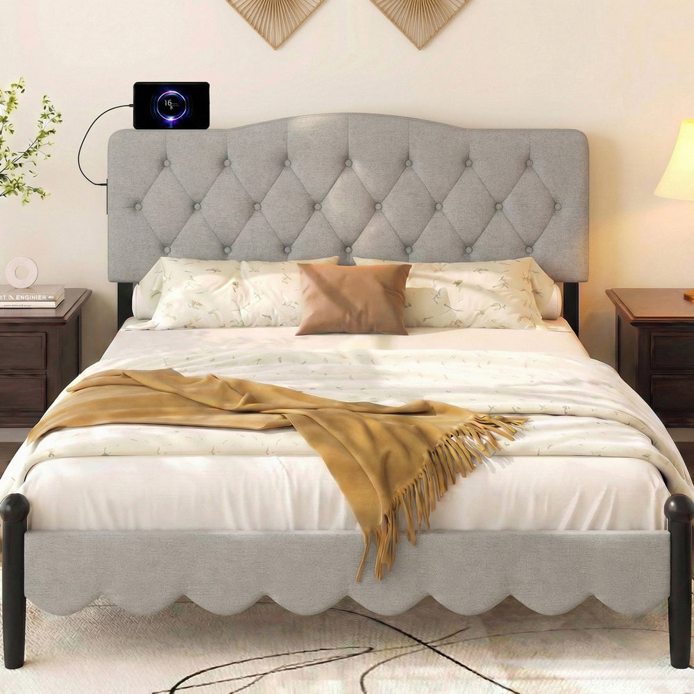 Tufted Upholstered Head Board for Queen and Full Size Bed with 2 AC Outlets-Gray - Gallery View 1 of 11