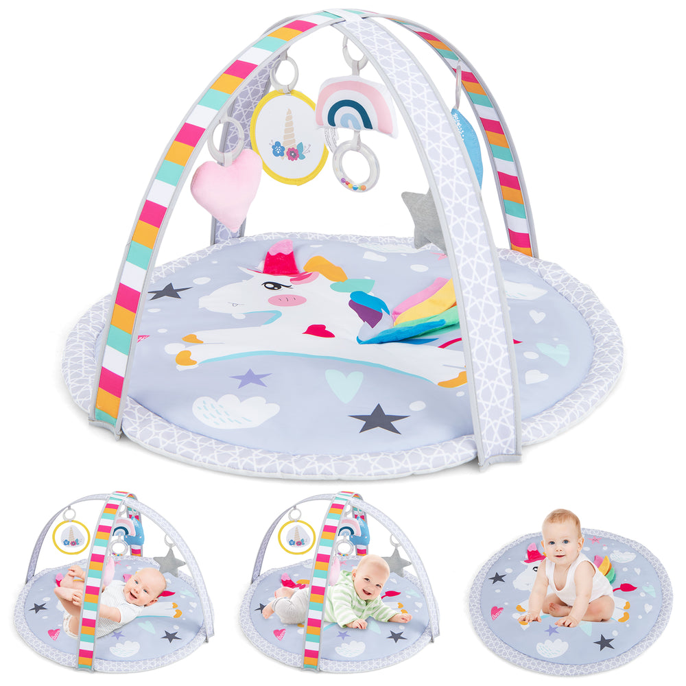 Colorful baby play gym mat with detachable toys for sensory development, ideal for infants aged 0-12 months.