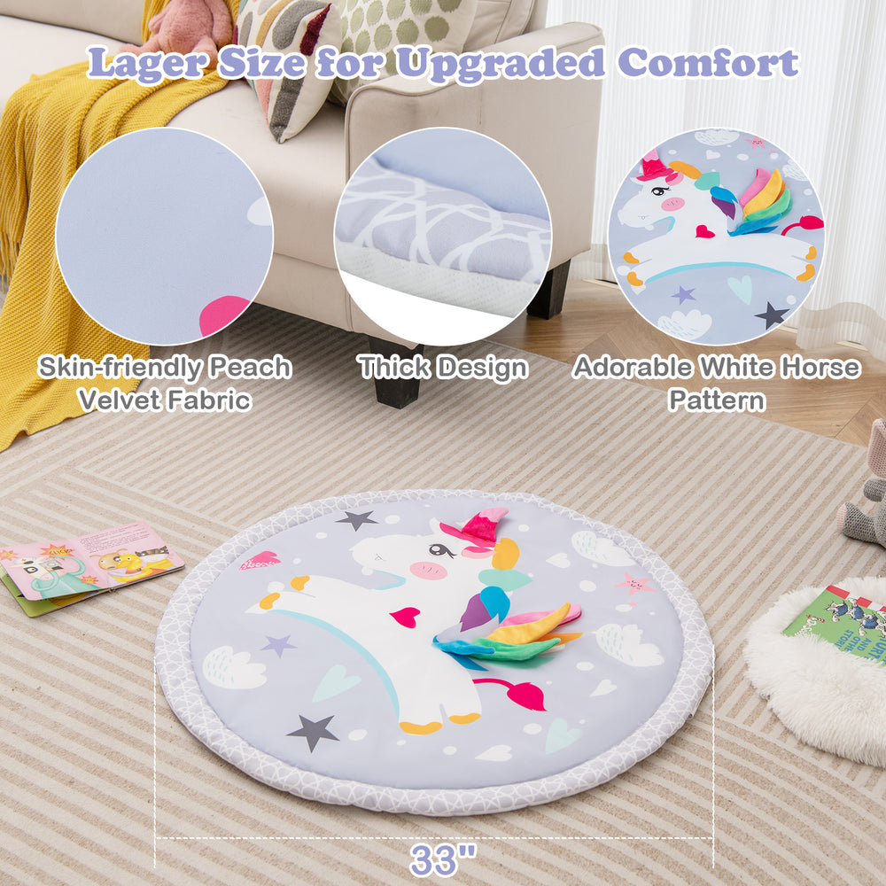 Round baby play gym mat featuring a cute unicorn design, thickened for comfort, ideal for tummy time and play.