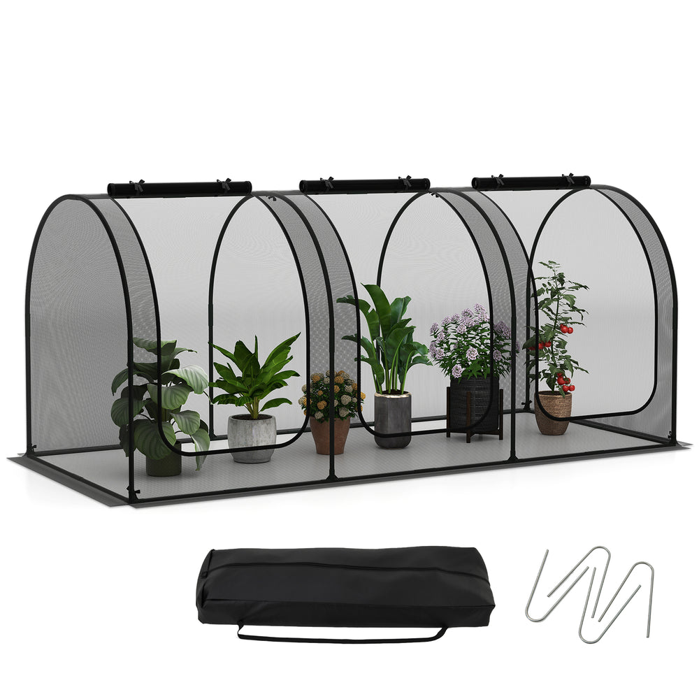 Large portable plant protection tent with 3 roll-up zippered doors, breathable mesh, and U-shaped ground stakes for.