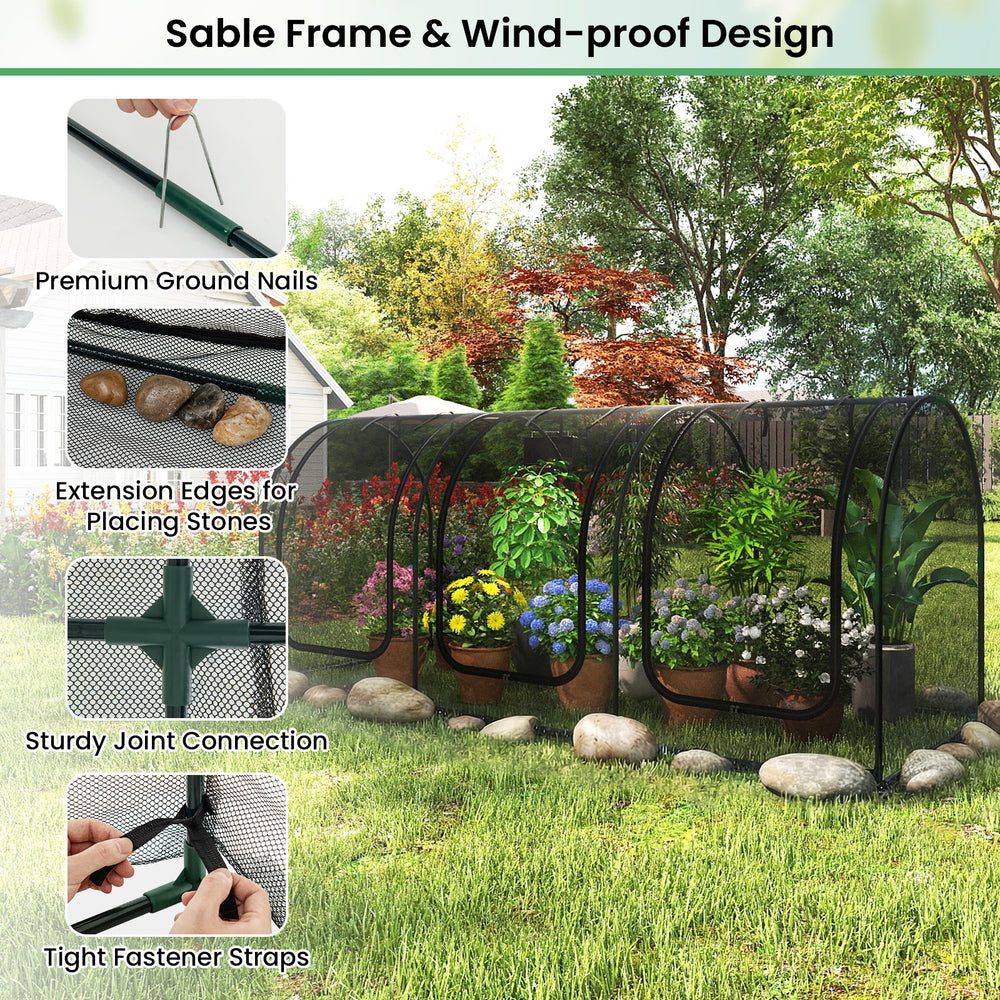 Tunnel crop cage with sturdy frame, breathable mesh, and roll-up doors for plant protection and ventilation.