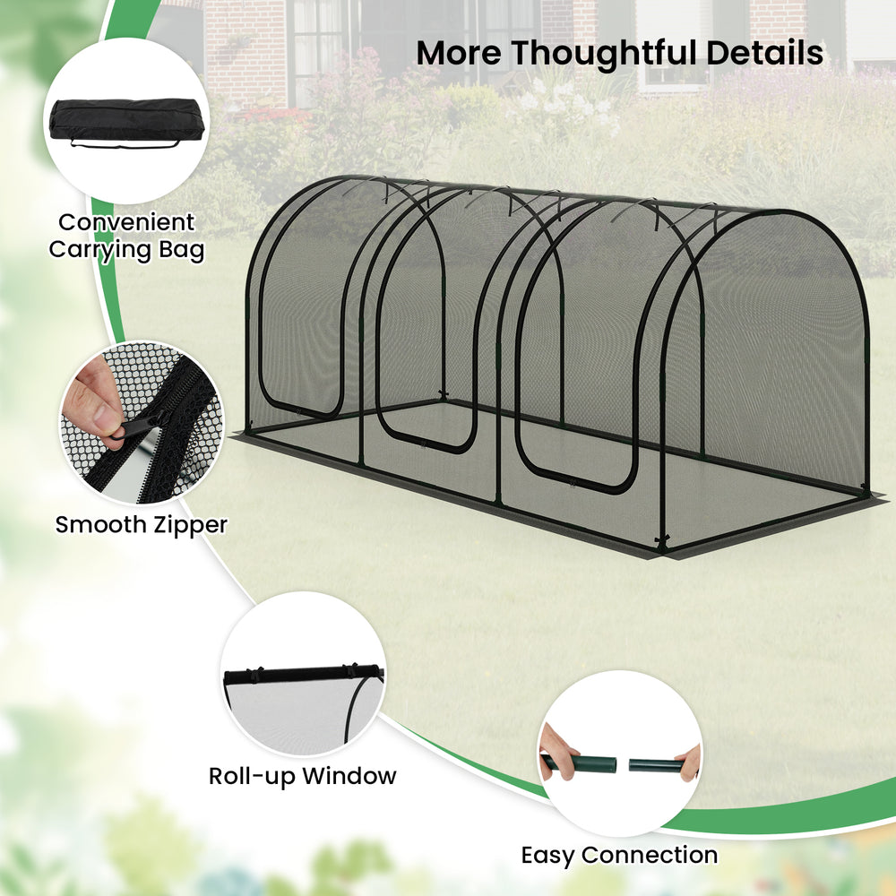 Large portable plant protection tent with breathable mesh, three roll-up zippered doors, and convenient carrying bag.