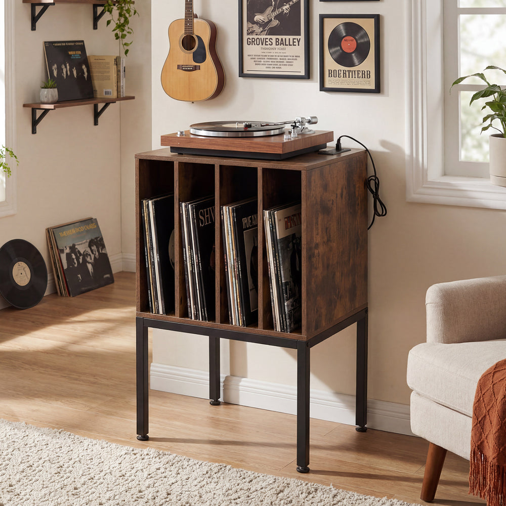 Turntable Record Player Stand with Power Outlets-Rusticbrown - Gallery View 1 of 10