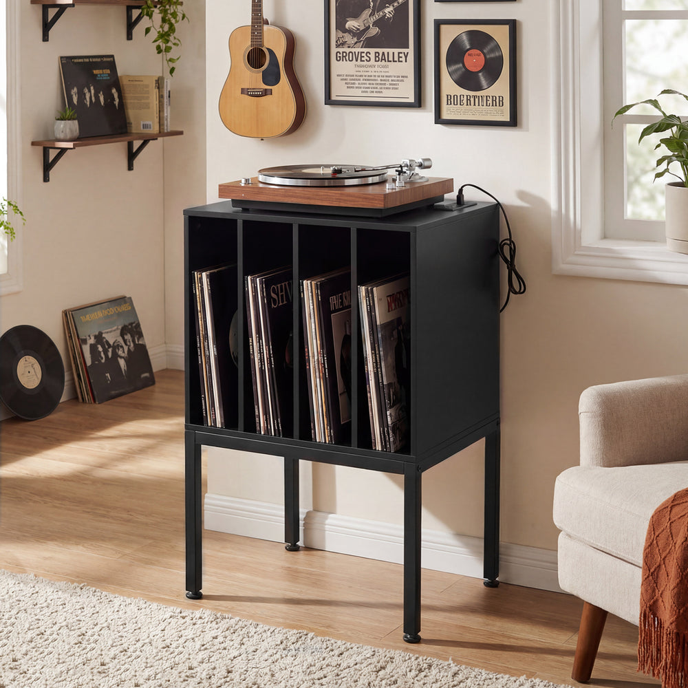 Turntable Record Player Stand with Power Outlets-Black - Gallery View 1 of 10