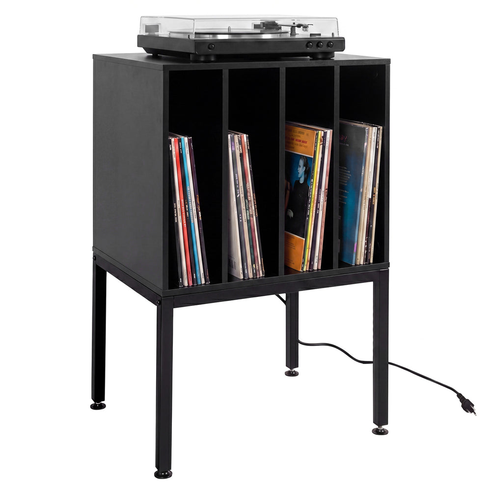 Turntable record player stand in black with divided compartments for vinyl records, featuring a sleek design for any.