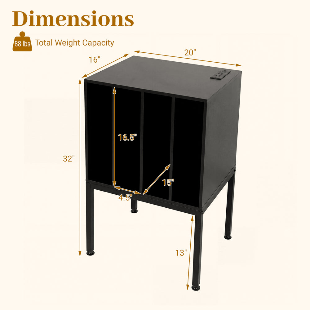 Turntable record player stand in black with dimensions, featuring power outlets and space for 150 vinyl records.