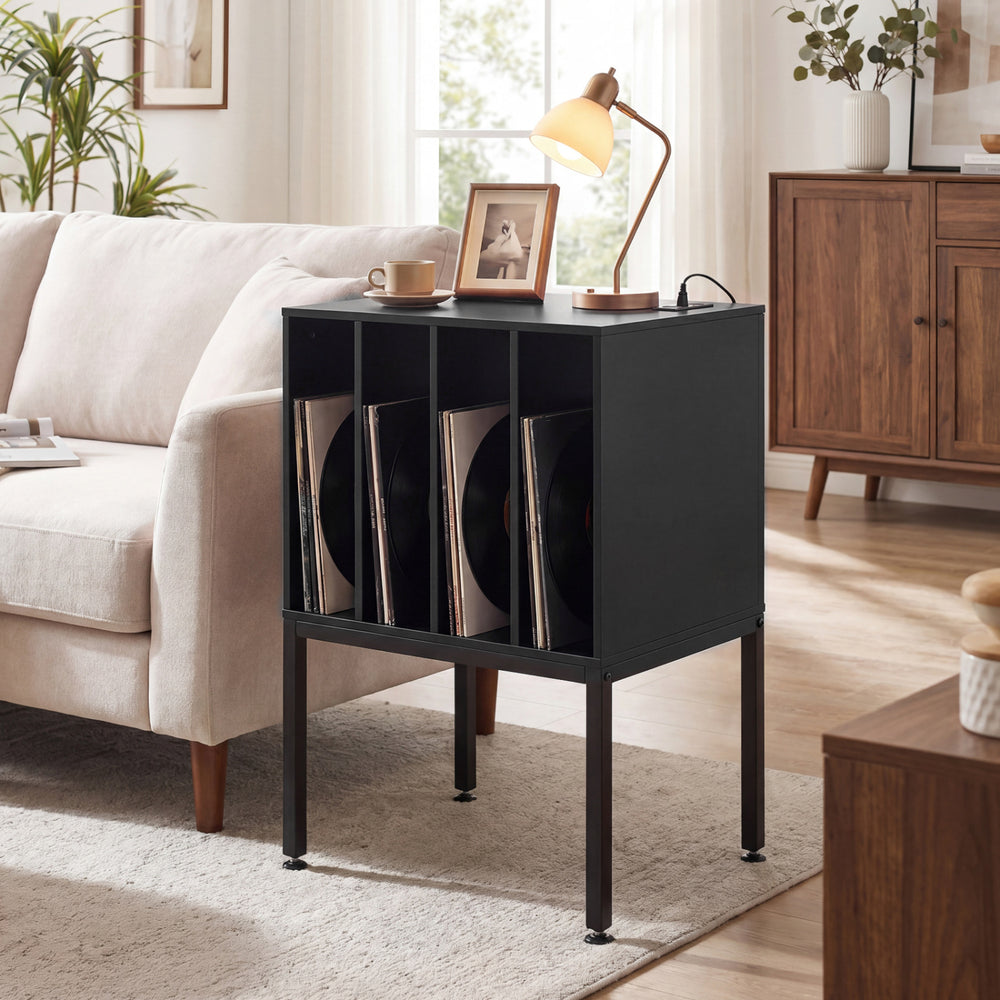 Turntable record player stand in black with power outlets, holding vinyl records, ideal for living room or music room.