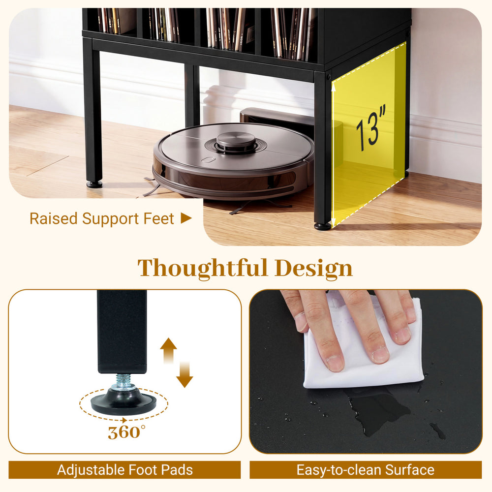 Turntable record player stand with raised support feet, adjustable foot pads, and easy-to-clean surface for versatile.