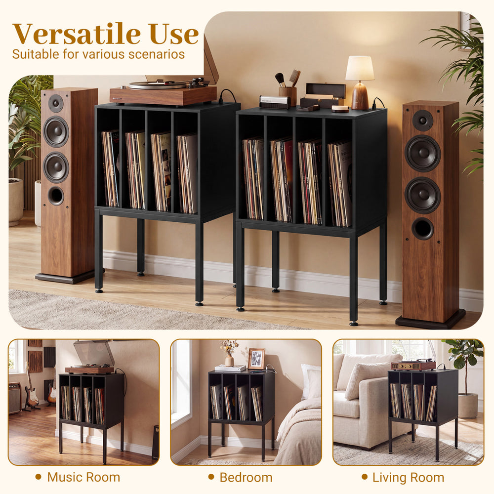 Turntable record player stand in black with power outlets, holding vinyl records, perfect for living room or music room.