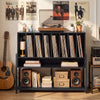 Record player stand in rustic brown and black with vinyl storage, accommodating up to 216 albums for music rooms.