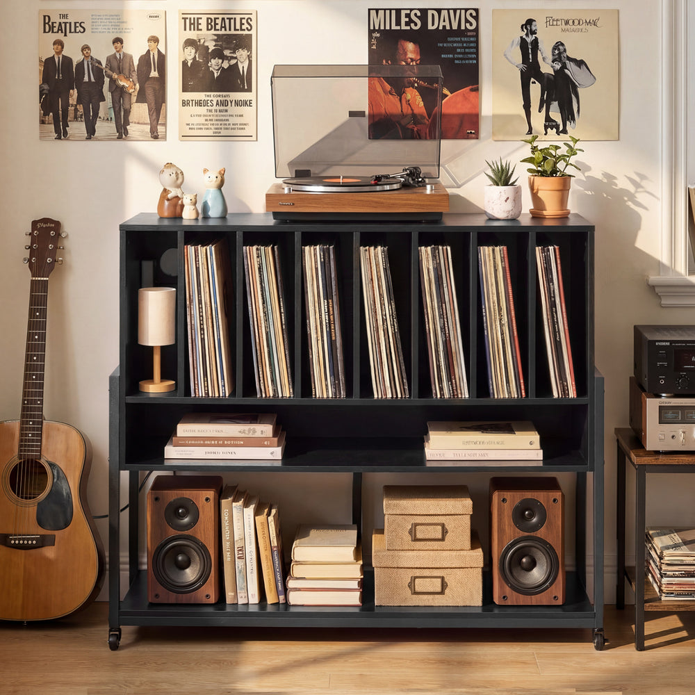 Turntable Stand with Charging Station and Vinyl Storage Shelves-Black - Gallery View 1 of 11
