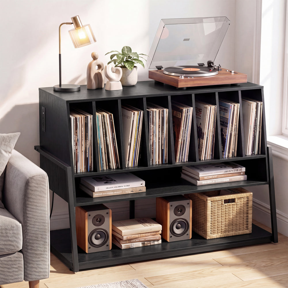 Record player stand in rustic brown and black with vinyl storage, featuring 8 compartments and a charging station.